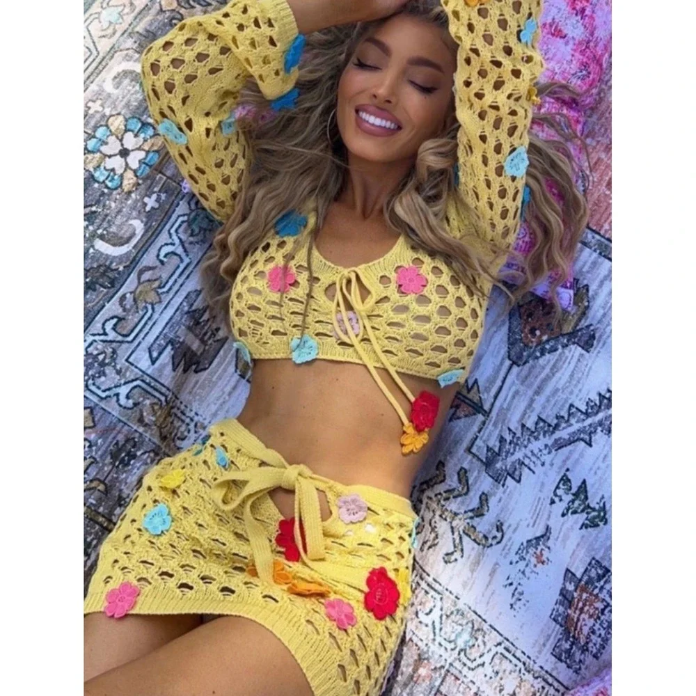 Lovers and Friends Yellow Flower Power Crochet 2 Piece Set Crop Top Skirt XXS
